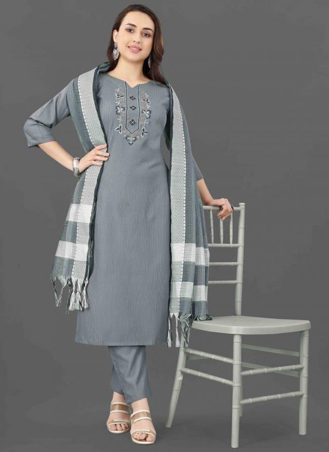 Cotton Blend Grey Traditional Wear Thread Work Readymade Kurti Set